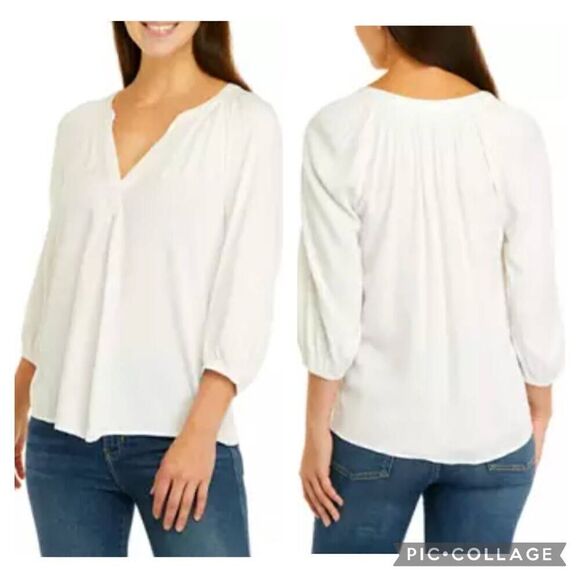 New Crown & Ivy White Peasant 3/4 Elastic Band Balloon Sleeve Round V-Neck Sz XL - Picture 1 of 6